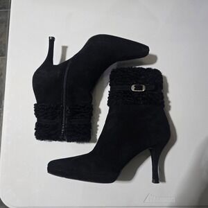 Stuart Weitzman Ankle Boots Women 7 Black Suede Faux Fur Trim Stiletto Heel